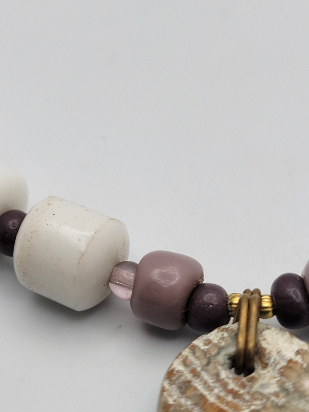 Handmade White & Mauve Beaded Necklace with Textured Pendant - Picture 5 of 7